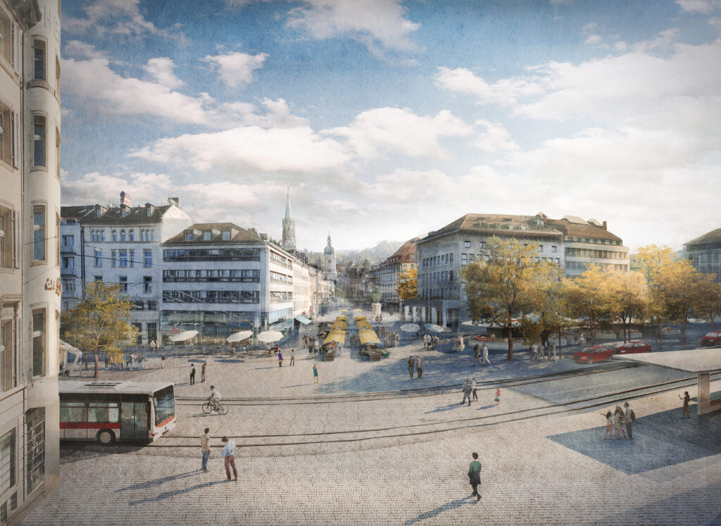 Ungefähr so könnte das neugestaltete Herzstück der St.Galler Altstadt dereinst aussehen. (Visualisierung: Stadt St.Gallen) 