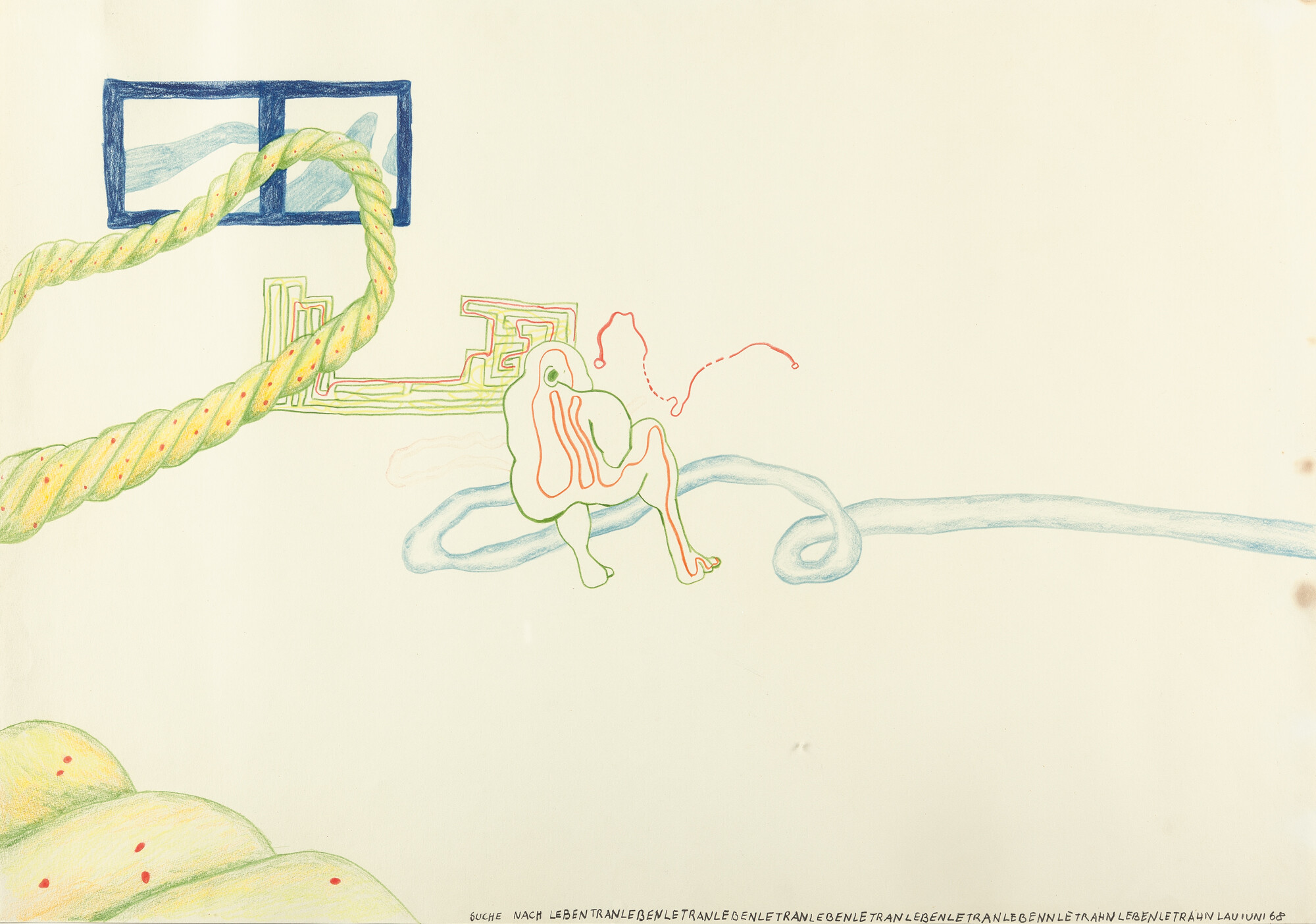«Suche nach Lebentranlebentran», Farbstiftzeichnung 1968. Eines von rund 30 eindrücklichen Werken aus der gesamten Schaffensphase von Uwe Lausen, zu sehen im «Chambre directe – Schubiger». (Bild: pd)